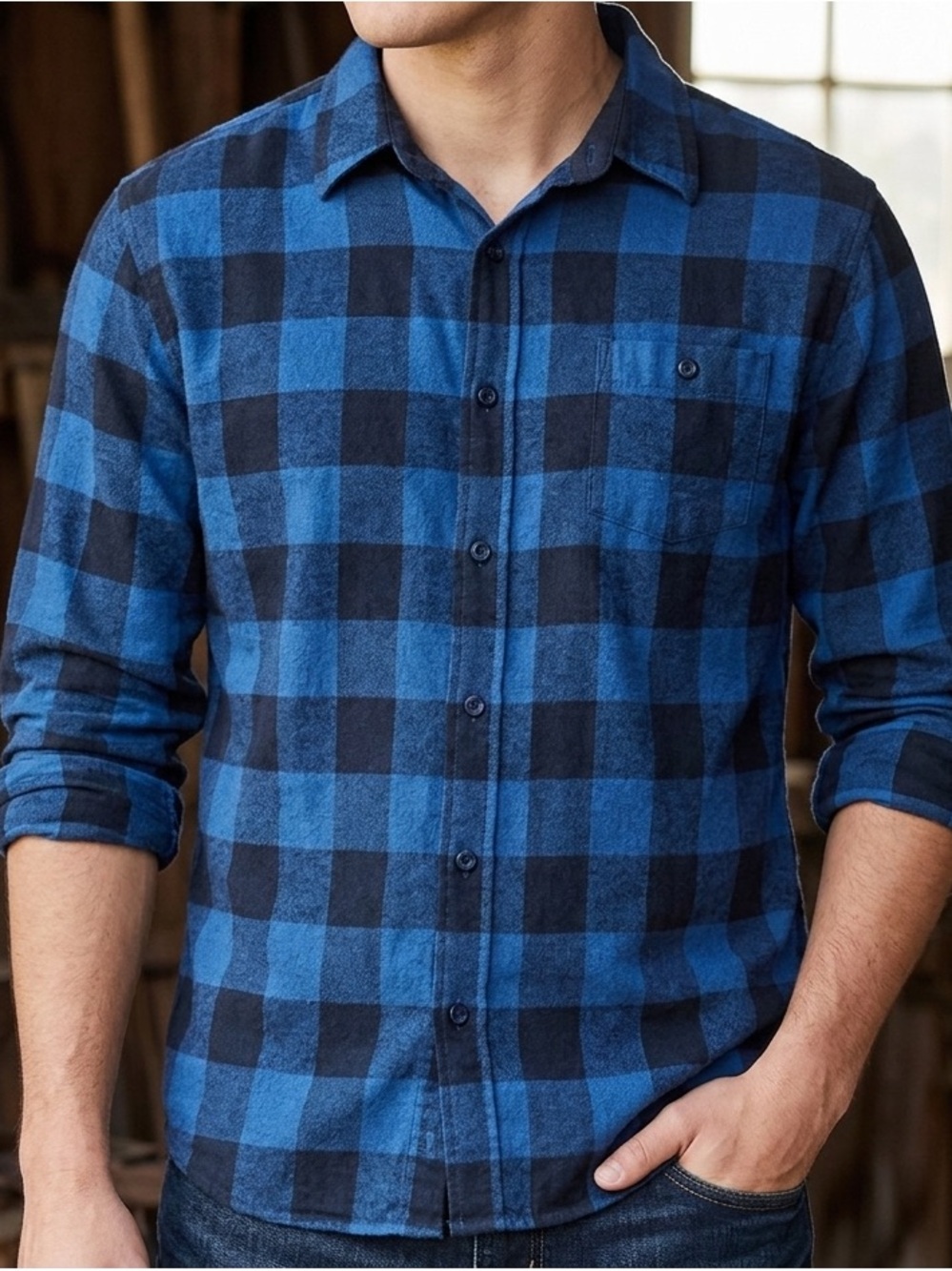 Weatherproof Blue and Black Buffalo Plaid Button-Down Shirt